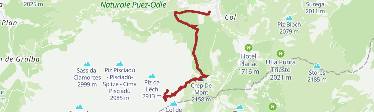 Route map: Hike from the Franz Kostner hut to Corvara via Crëp de Sela